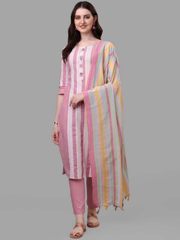 HERE&NOW Pink & White Striped Pure Cotton Kurta With Trousers & Dupatta Supply