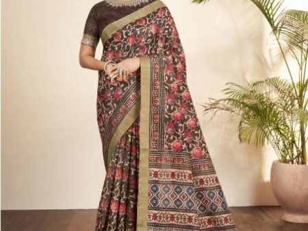 Brown Bhagalpuri Silk Floral Print with Hand work & Stone Work Border Saree - Norita Nirvi Sale