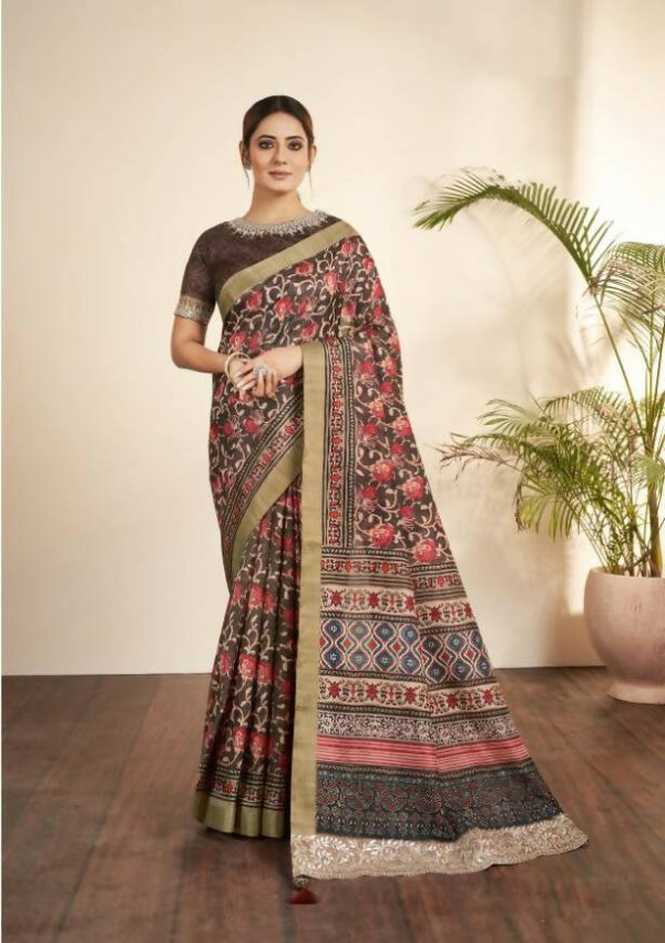 Brown Bhagalpuri Silk Floral Print with Hand work & Stone Work Border Saree - Norita Nirvi Sale