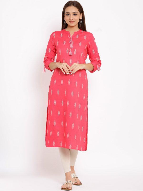 HERE&NOW Pink Mandarin Collar Ethnic Motifs Printed Pure Cotton Kurta Online Hot Sale