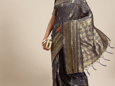 Saree Mall Navy Blue & Gold-Toned Ethnic Motifs Zari Silk Blend Banarasi Sarees Sale