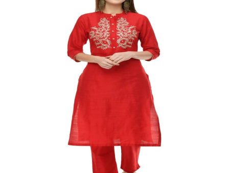 Lagi Women s Red Poly silk Straight Embroidred Kurta & Pant (RO116B) For Sale