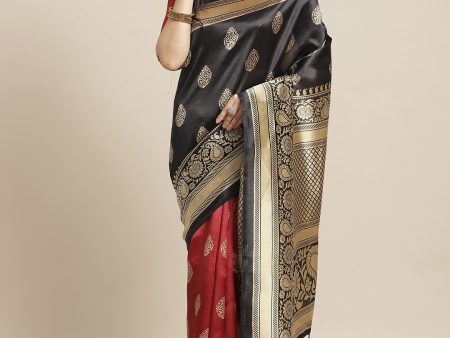 Saree Mall Black & Red Half & Half Printed Saree For Discount