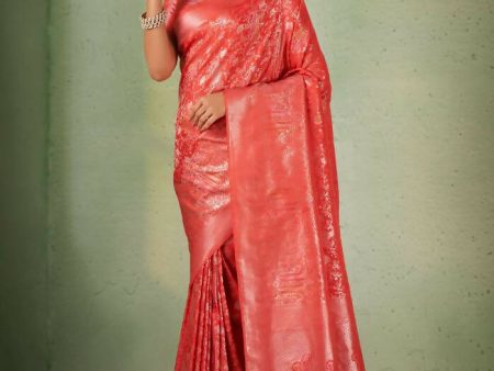 Elegant Designer Tomato Red Color Kanjivaram Silk Saree With Weaving Work - Yomika Fashions Hot on Sale