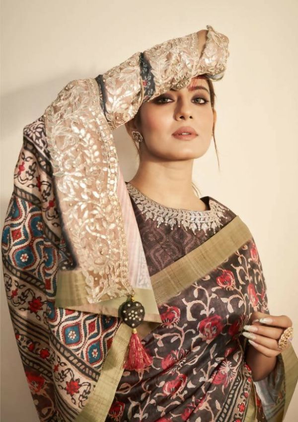 Brown Bhagalpuri Silk Floral Print with Hand work & Stone Work Border Saree - Norita Nirvi Sale