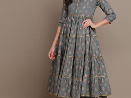 HERE&NOW Ethnic Motifs Printed Shirt Collar Tiered Pure Cotton A-Line Kurta Online