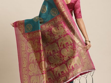 Saree Mall Teal Green & Beige Printed Bhagalpuri Saree For Discount