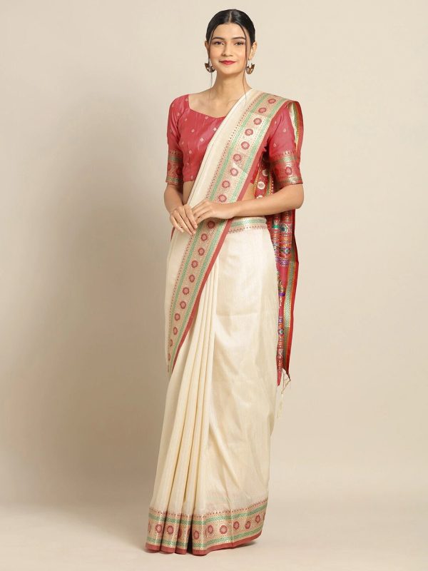 Saree Mall Cream Silk Blend Banarasi Sarees Supply