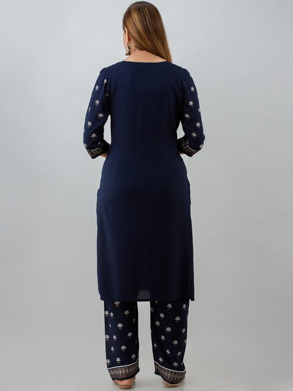 HERE&NOW Navy Blue Ethnic Motifs Printed Kurta with Trousers Hot on Sale