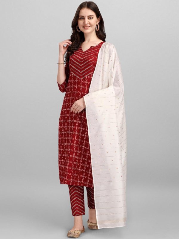 HERE&NOW Geometric Printed Pure Cotton Kurta With Trousers & Dupatta Cheap