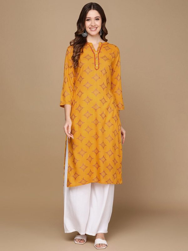 HERE&NOW Mustard Yellow & Red Ethnic Motifs Printed Kurta For Sale