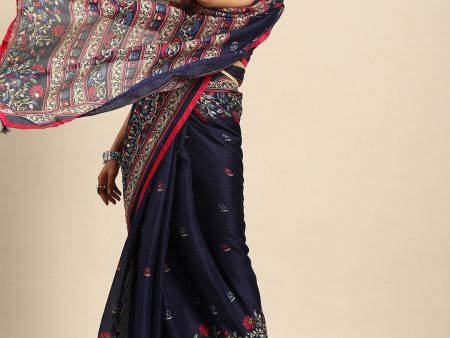 Saree Mall Navy Blue & Red Floral Jute Silk Block Print Sarees Online Hot Sale