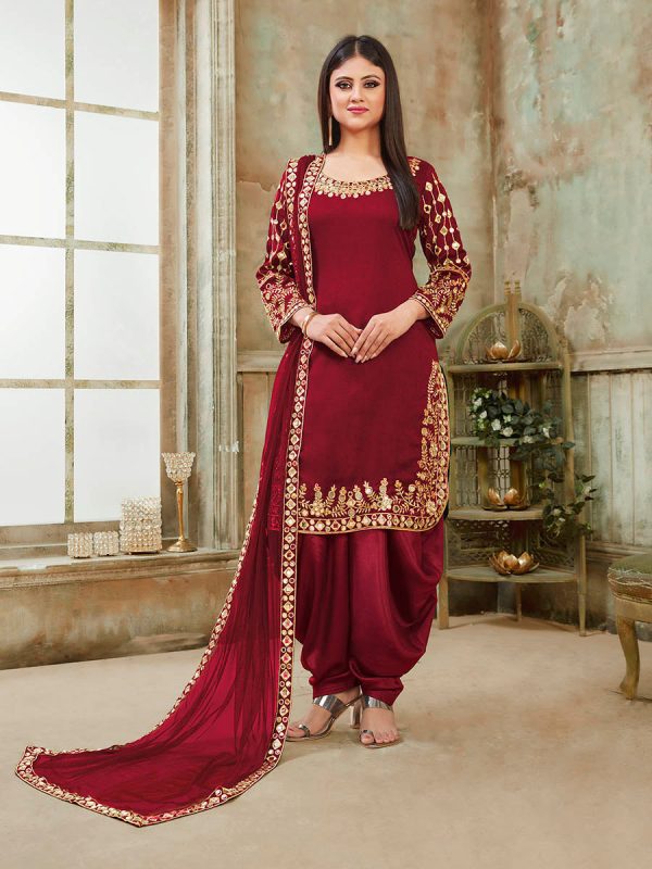 Myra Red Art Silk Real Glass Work Suit Hot on Sale