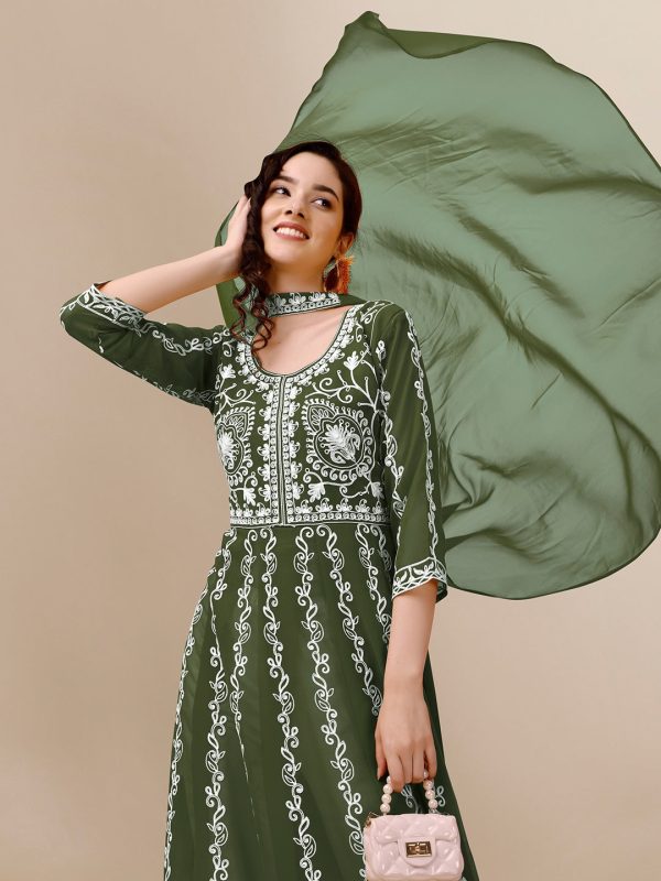 HERE&NOW Green & White Ethnic Motifs Embroidered Chikankari Kurta & Dupatta Cheap