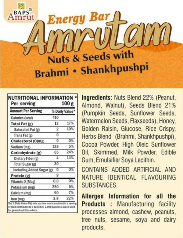 Baps Amrut Energy Bar Amrutam (Nuts & Seeds With Brahmi • Shankhpushpi) Fashion