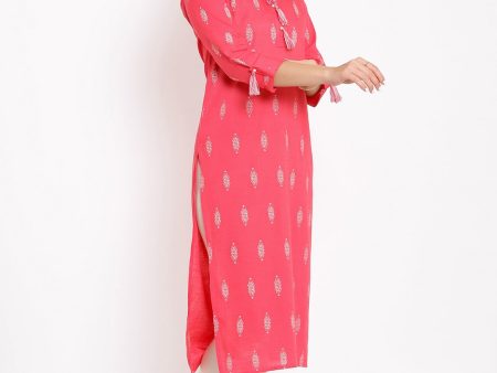 HERE&NOW Pink Mandarin Collar Ethnic Motifs Printed Pure Cotton Kurta Online Hot Sale