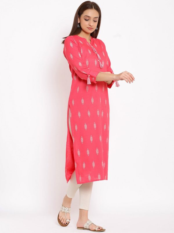 HERE&NOW Pink Mandarin Collar Ethnic Motifs Printed Pure Cotton Kurta Online Hot Sale