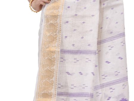 Desh Bidesh Woven Handloom Pure Cotton Saree (White) For Sale