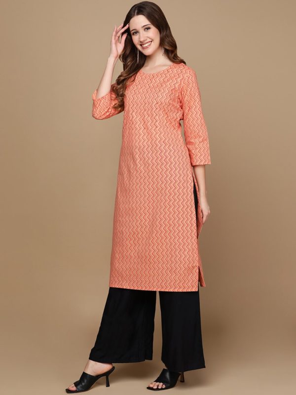 HERE&NOW Peach-Color & Red Chevron Printed Beads Pure Cotton Kurta For Discount