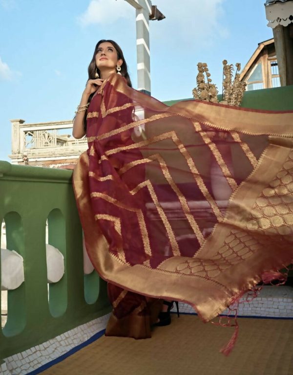 Delightful Designer Maroon Color Organza Silk Saree With Weaving Work - Yomika Fashions Online now