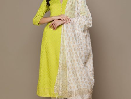 HERE&NOW Lime Green & White Chevron Printed A-Line Kurta with Trousers & Dupatta Hot on Sale