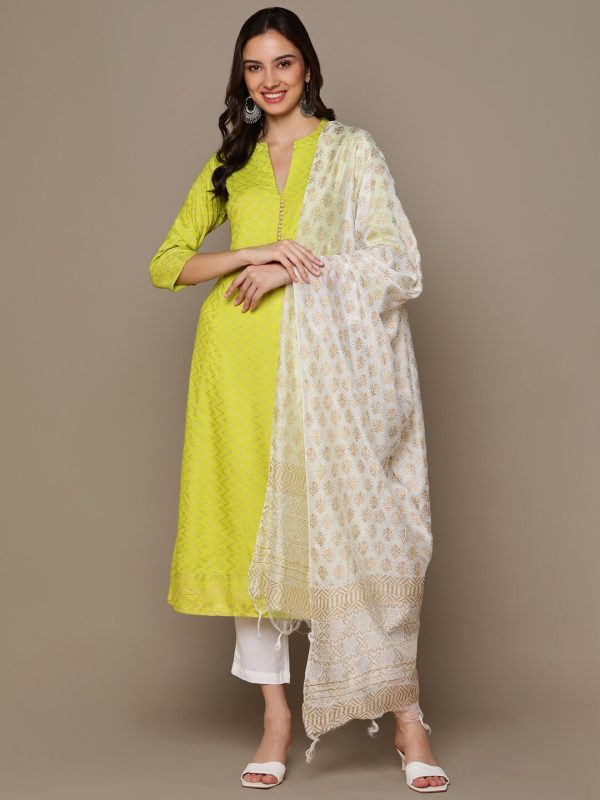 HERE&NOW Lime Green & White Chevron Printed A-Line Kurta with Trousers & Dupatta Hot on Sale