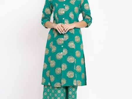 HERE&NOW Green Mandarin Collar Ethnic Motifs Printed A-Line Kurta Online Hot Sale