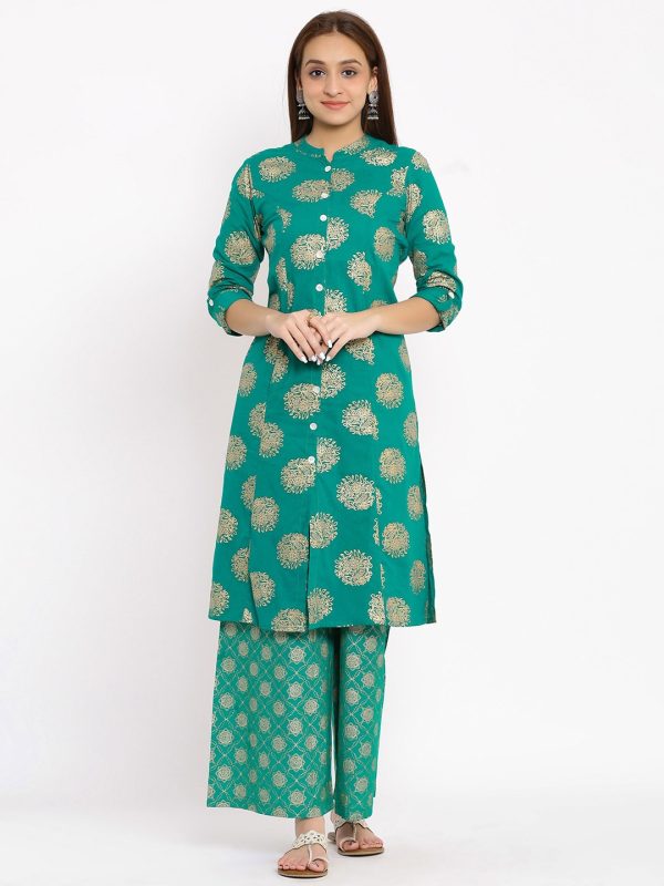 HERE&NOW Green Mandarin Collar Ethnic Motifs Printed A-Line Kurta Online Hot Sale