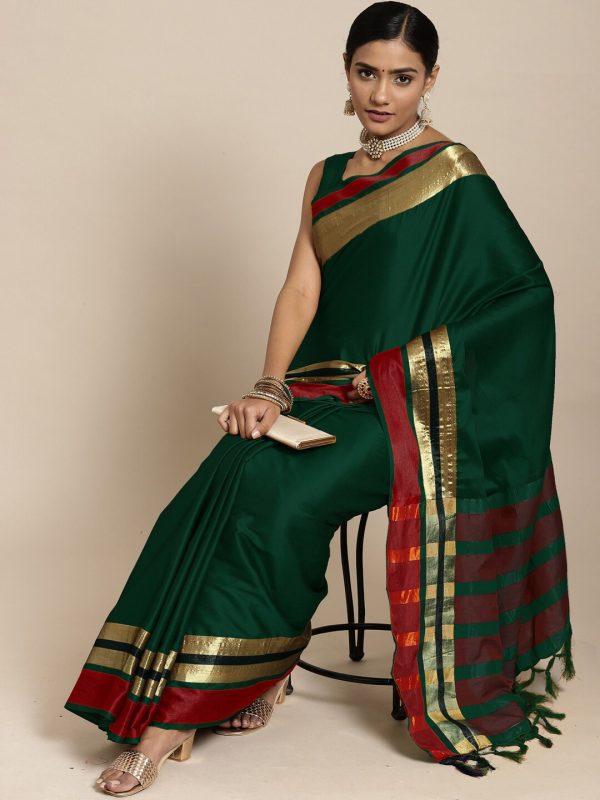 Saree Mall Green & Maroon Zari Silk Blend Uppada Sarees Fashion