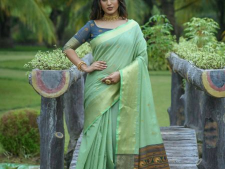 Vishnu Weaves Women s Sea Green Cotton Silk Zari Woven Saree with Blouse Online now