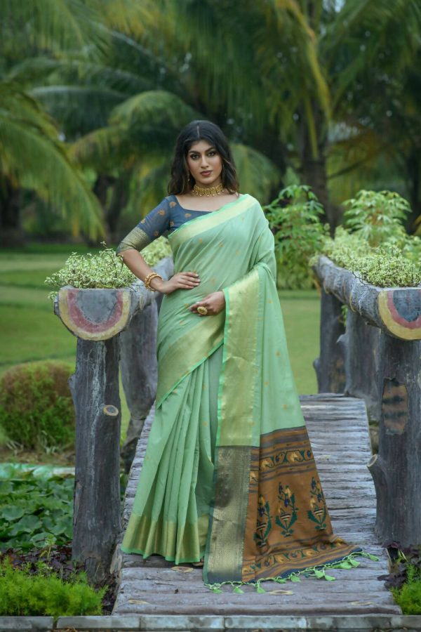 Vishnu Weaves Women s Sea Green Cotton Silk Zari Woven Saree with Blouse Online now