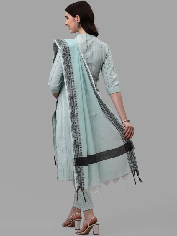 HERE&NOW Turquoise Blue Striped Regular Pure Cotton Kurta With Trousers & Dupatta For Cheap