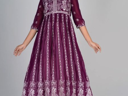 HERE&NOW Purple & White Floral Embroidered Paneled Georgette Anarkali Kurta Fashion