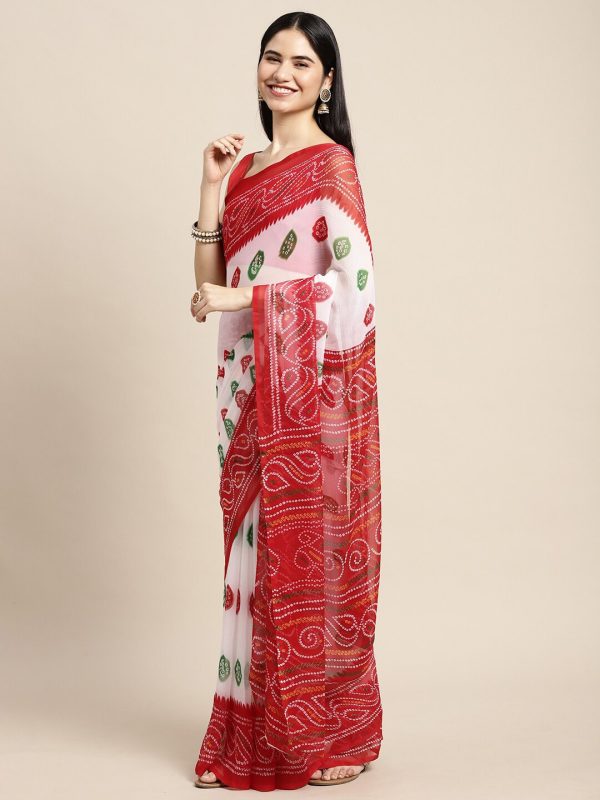 Saree Mall White & Red Printed Bandhani Sarees Hot on Sale