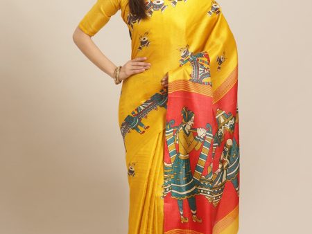 Saree Mall Mustard Yellow & Blue Printed Saree Online now