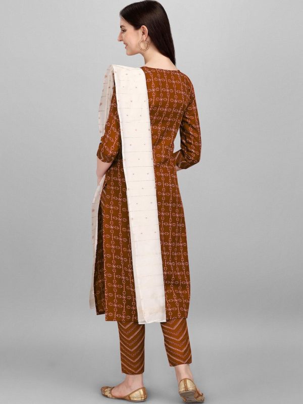 HERE&NOW Brown & White Regular Pure Cotton Kurta With Trousers & Dupatta Discount