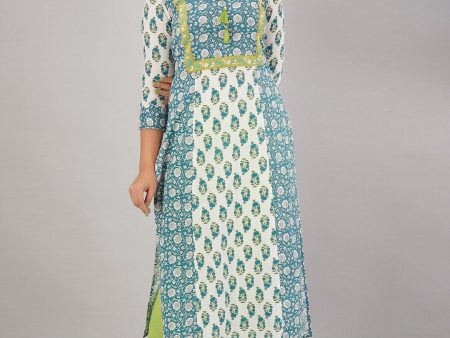 HERE&NOW Mandarin Collar Floral Printed Thread Work Straight Kurta Sale