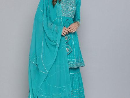 HERE&NOW Floral Yoke Design Regular Beads and Stones Pure Cotton Kurta with Sharara For Sale