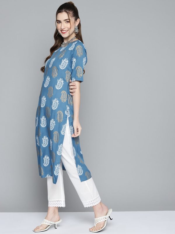 HERE&NOW Women Blue & Golden Paisley Printed Straight Kurta Sale