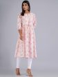 HERE&NOW Peach & White Floral Printed Tie-Up Neck Cotton A-Line Kurta For Cheap