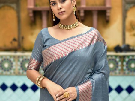 Vishnu Weaves Women s Grey Cotton Silk Zari Woven Butta Work Saree with Blouse Sale