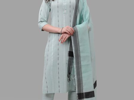 HERE&NOW Turquoise Blue Striped Regular Pure Cotton Kurta With Trousers & Dupatta For Cheap