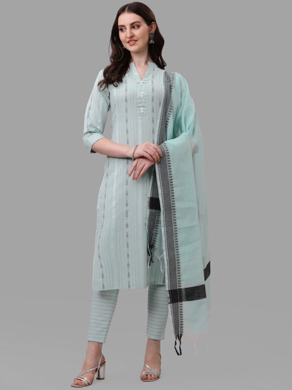 HERE&NOW Turquoise Blue Striped Regular Pure Cotton Kurta With Trousers & Dupatta For Cheap