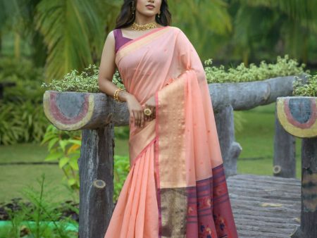 Vishnu Weaves Women s Peach Cotton Silk Zari Woven Saree with Blouse Online Hot Sale