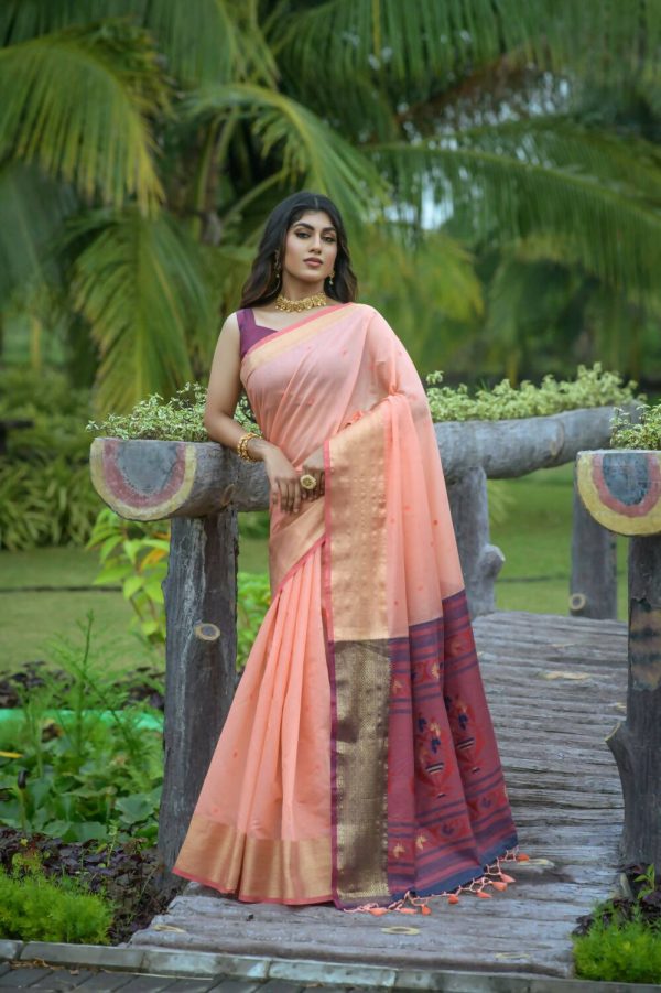 Vishnu Weaves Women s Peach Cotton Silk Zari Woven Saree with Blouse Online Hot Sale