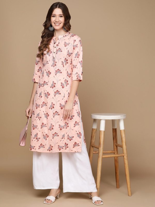 HERE&NOW Pink & Maroon Floral Printed Pure Cotton Kurta Hot on Sale