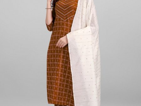 HERE&NOW Brown & White Regular Pure Cotton Kurta With Trousers & Dupatta Discount