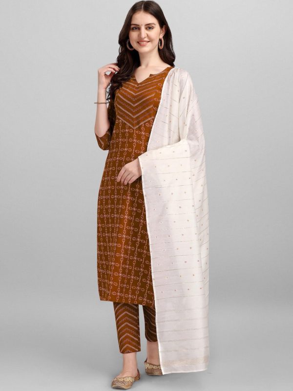 HERE&NOW Brown & White Regular Pure Cotton Kurta With Trousers & Dupatta Discount