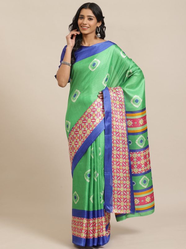 Saree Mall Green & White Printed Saree For Discount