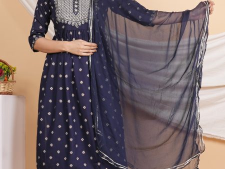 House of RP Women Blue Rayon Embroidered Naira Cut Kurta, Pant & Dupatta Set Online Hot Sale